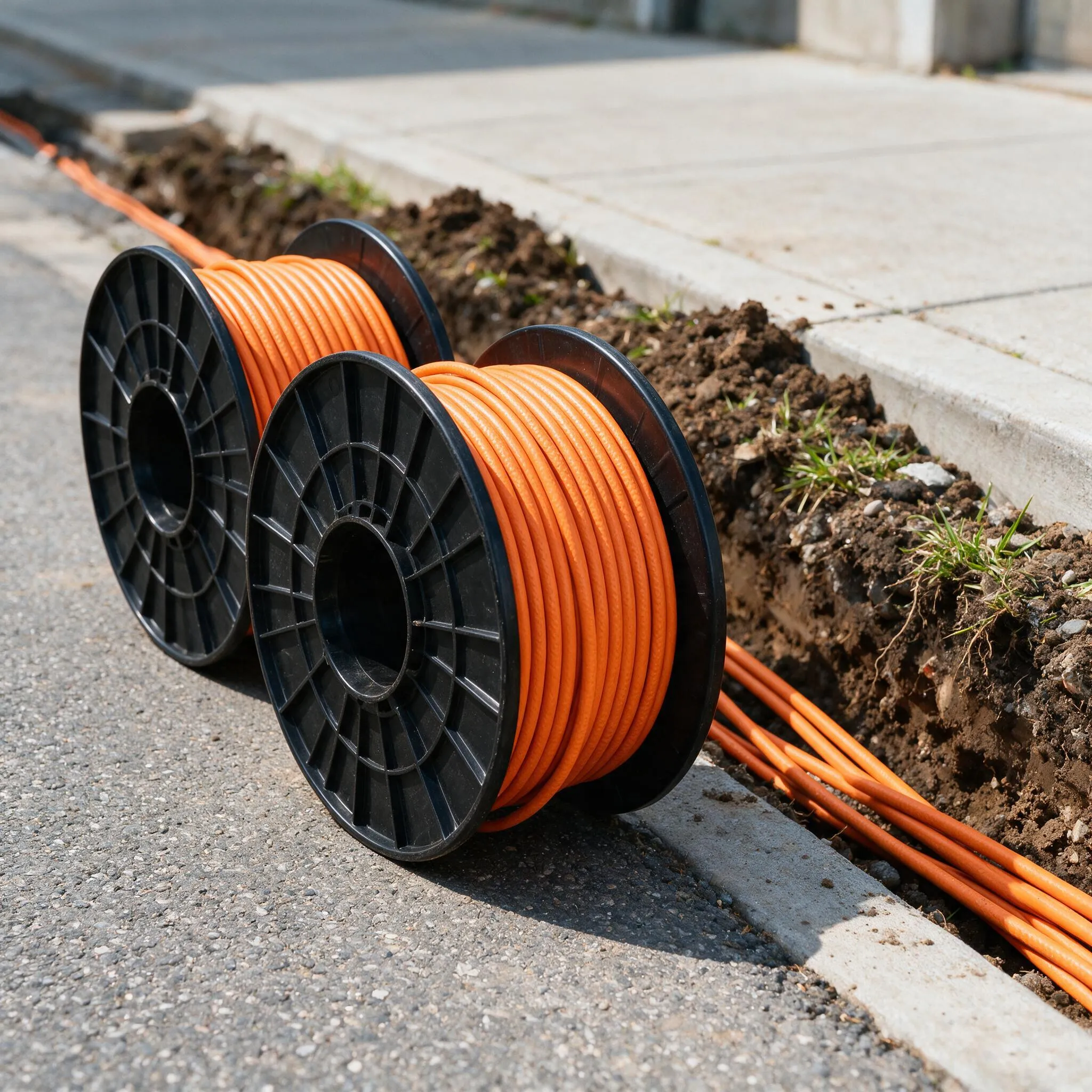 Orange Glasfaserkabel auf Kabeltrommeln neben einem sauberen Tiefbaugraben für den Glasfaserausbau in Bochum durch die SDR Bau GmbH.