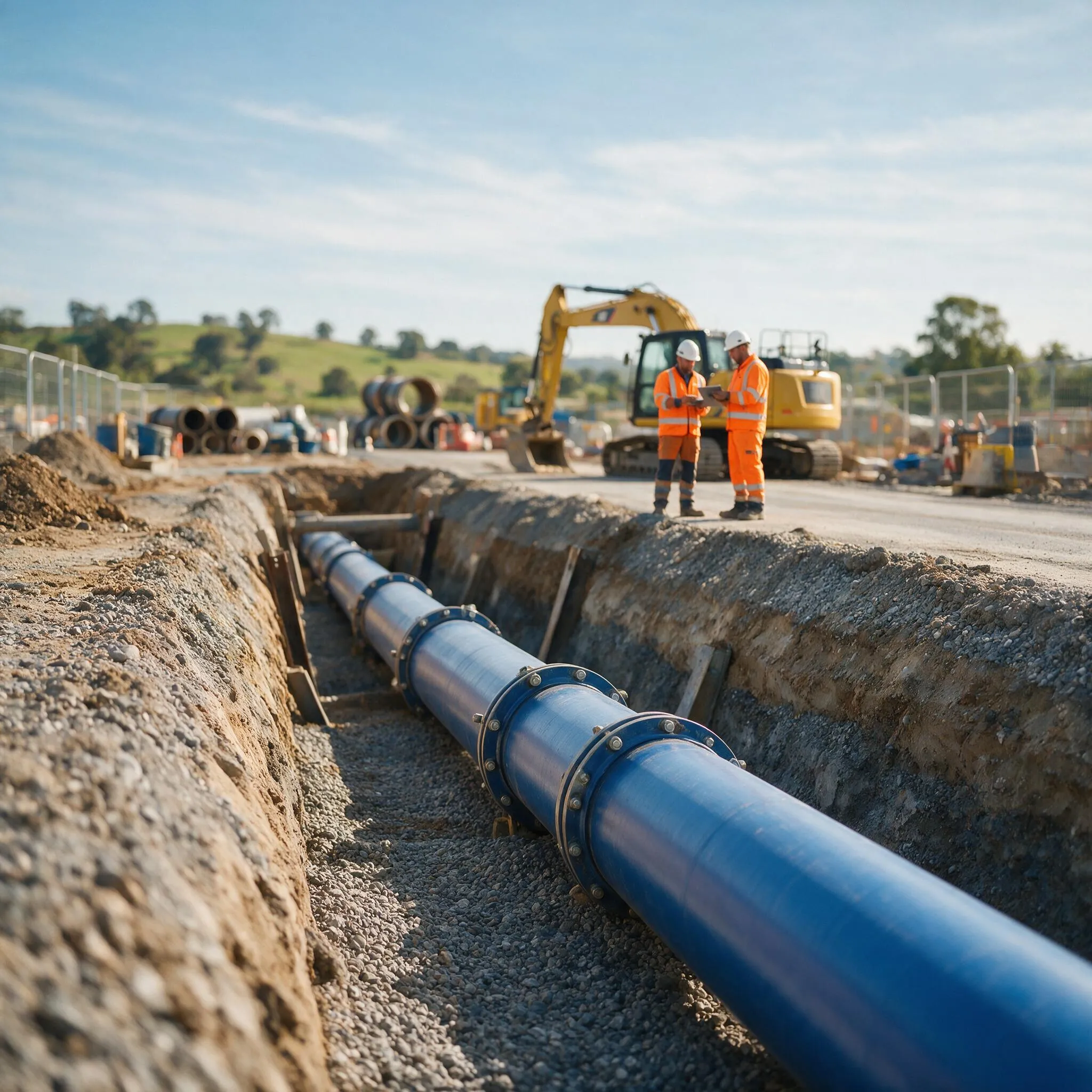 Zwei Bauarbeiter der SDR Bau GmbH bei der Verlegung eines großen blauen Rohrs auf einer Tiefbau-Baustelle im Rohrleitungsbau in Bochum.
