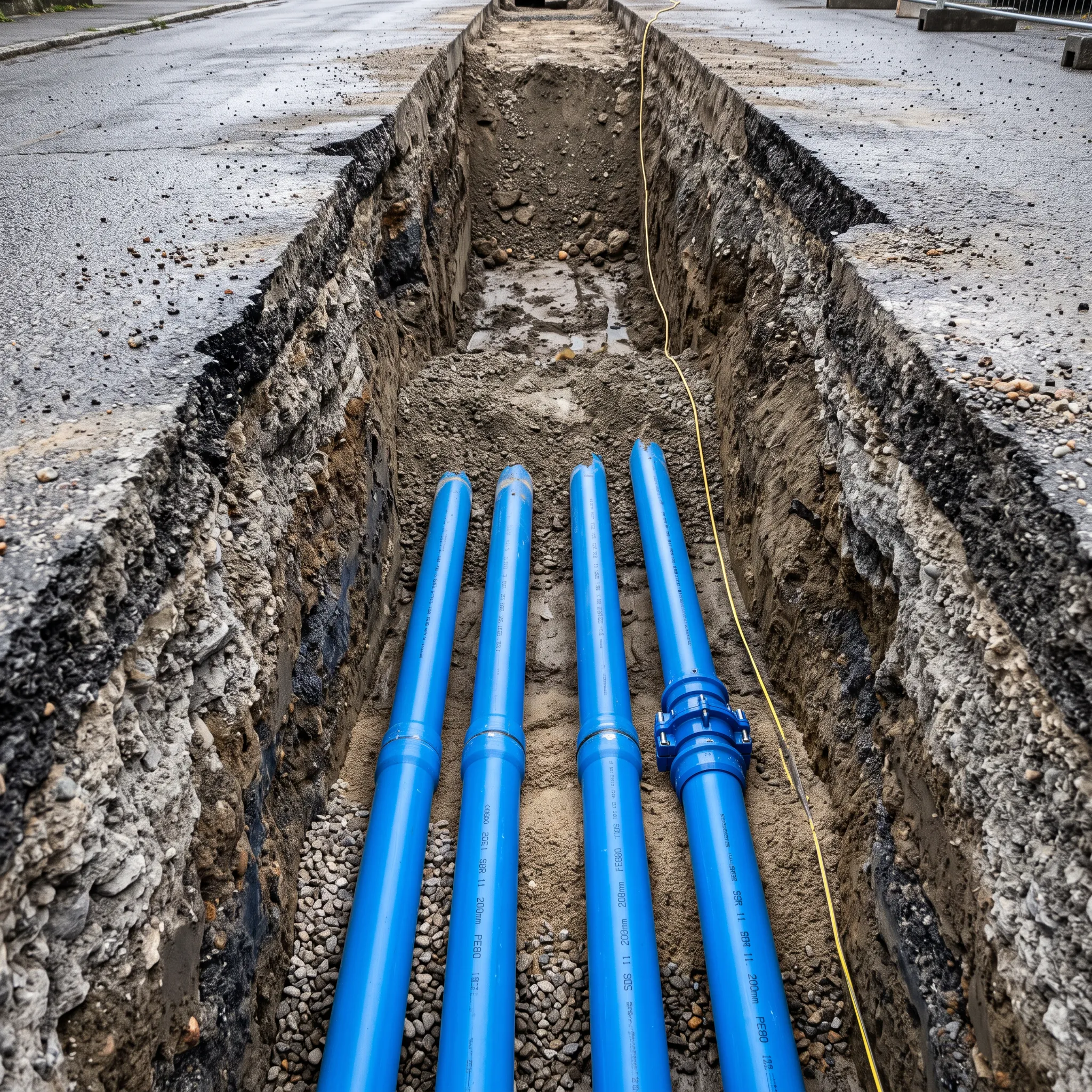 Ein sauberer Asphaltschnitt mit einem Graben, in dem blaue Rohre für den Rohrleitungsbau und Straßenbau in Bochum verlegt werden.