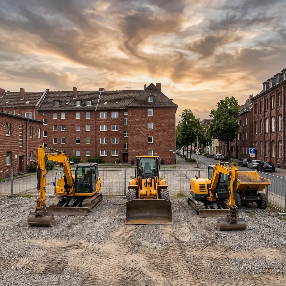 Eine Flotte gelber, unmarkierter Baumaschinen, darunter Bagger und Radlader, steht auf einem Kiesparkplatz in Bochum, Deutschland, unter einem dramatischen Abendhimmel.