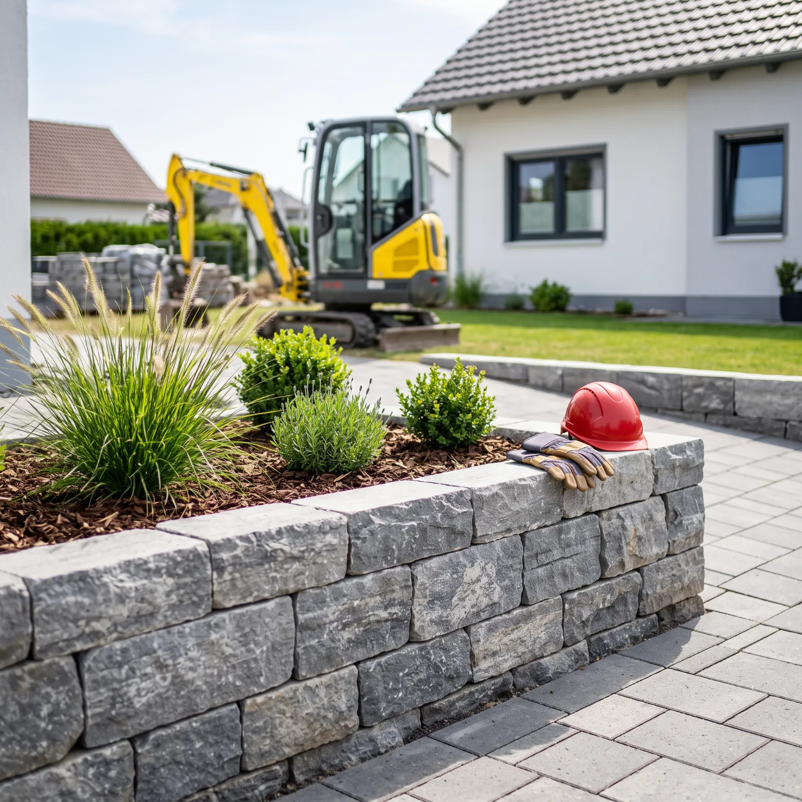 Meticulous dry-stack natural stone retaining wall with vibrant ornamental grasses and small shrubs in a finished German garden, featuring a red safety helmet and unbranded yellow mini-excavator in the background.