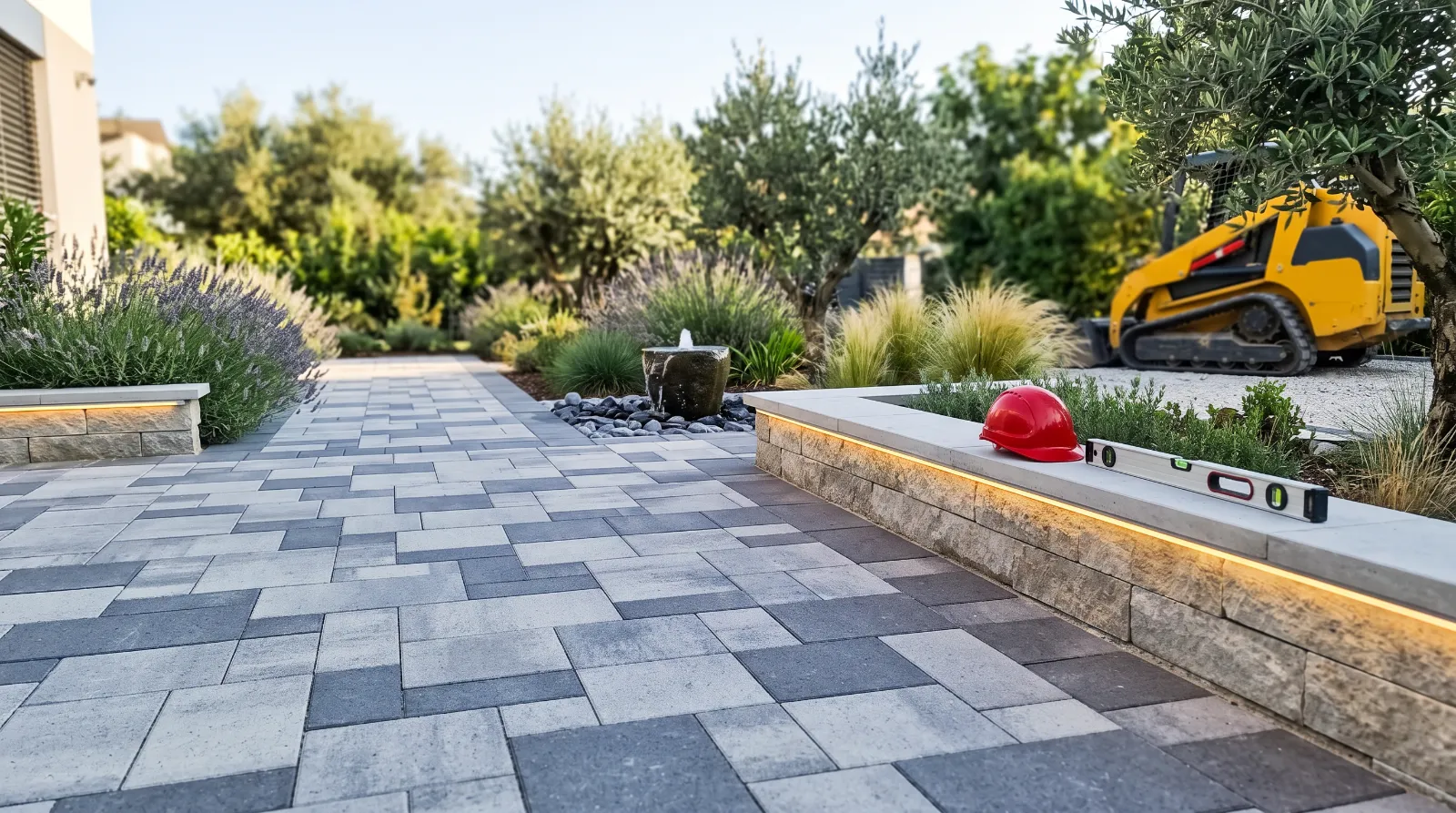 Wide-angle view of a professionally paved patio using grey and anthracite pavers with an integrated natural stone retaining wall and warm LED lighting, featuring a red safety helmet and professional level.