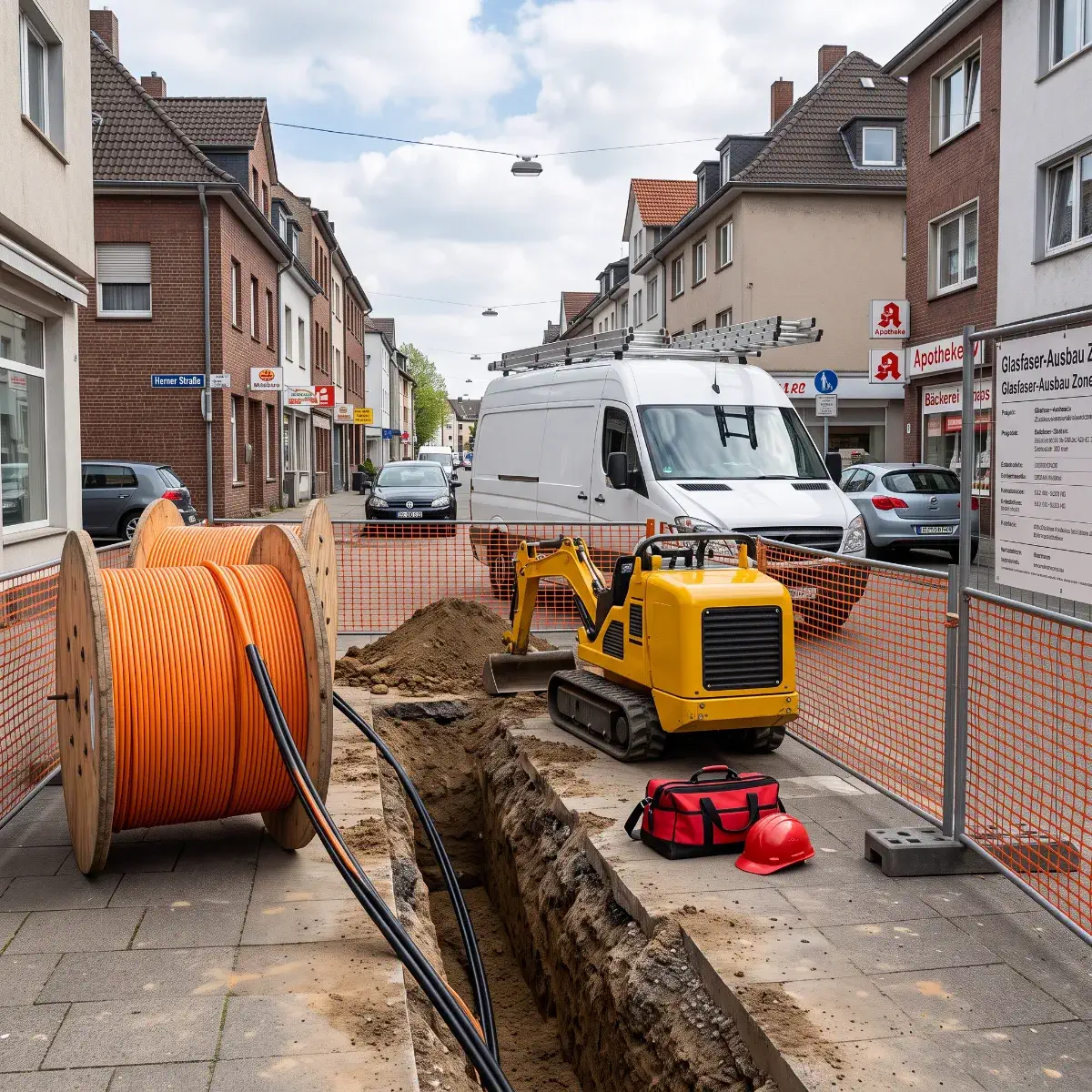 Baustelle für den Glasfaserausbau in einer Straße in Bochum mit Kabeltrommeln und Bagger für den Leitungstiefbau.