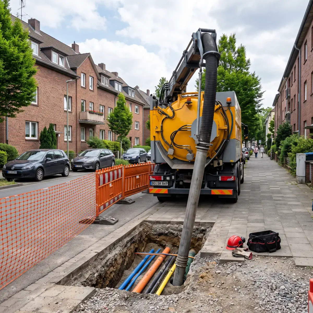 Ein unmarkierter gelber Saugbagger saugt Erde an einem Leitungsgraben auf einer typischen Wohnstraße in Bochum, Deutschland, um Versorgungsrohre freizulegen.
