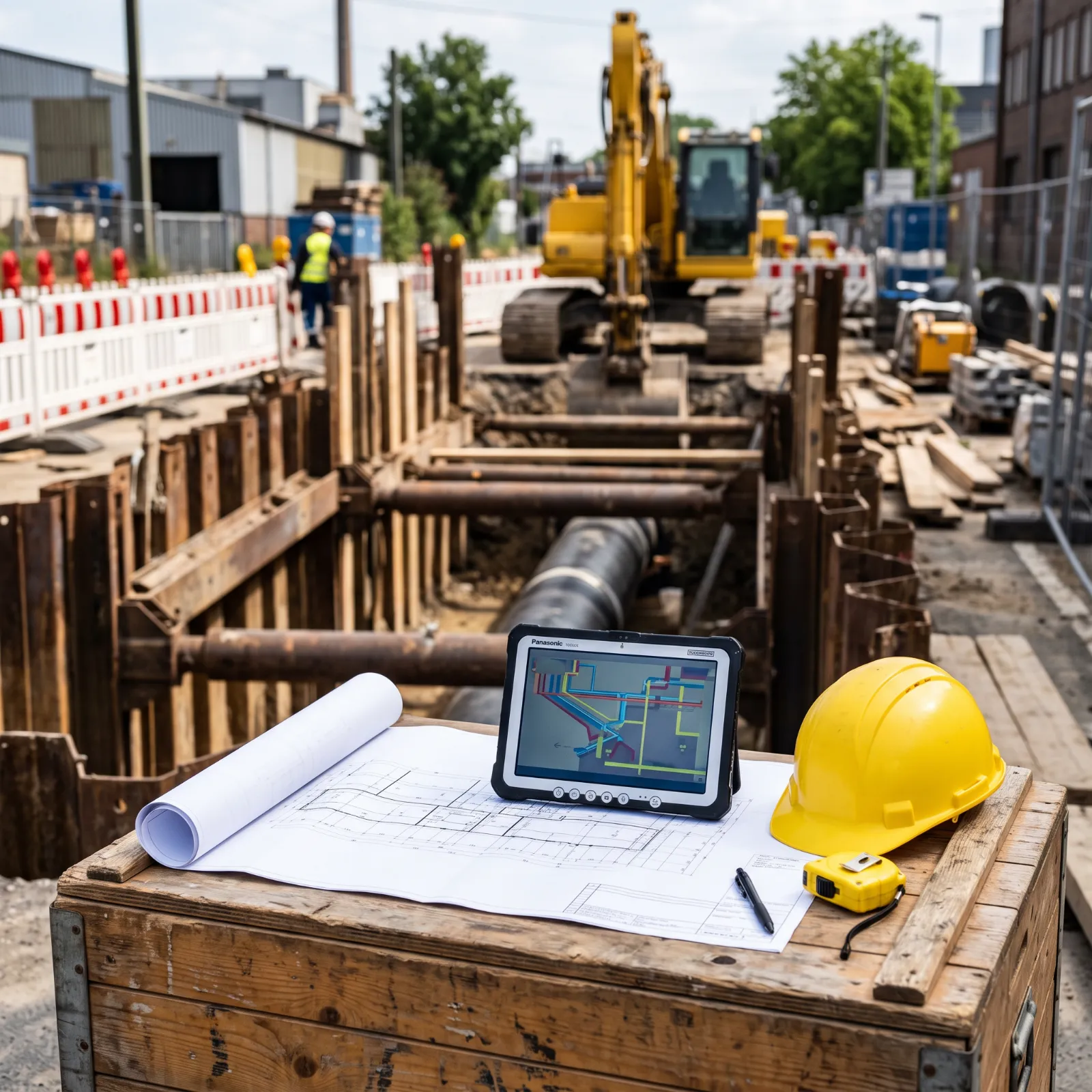 Digitale Baupläne auf einem Tablet, Baupläne aus Papier und ein gelber Schutzhelm liegen auf einer Holzkiste vor einer aktiven Tiefbaustelle in Bochum.