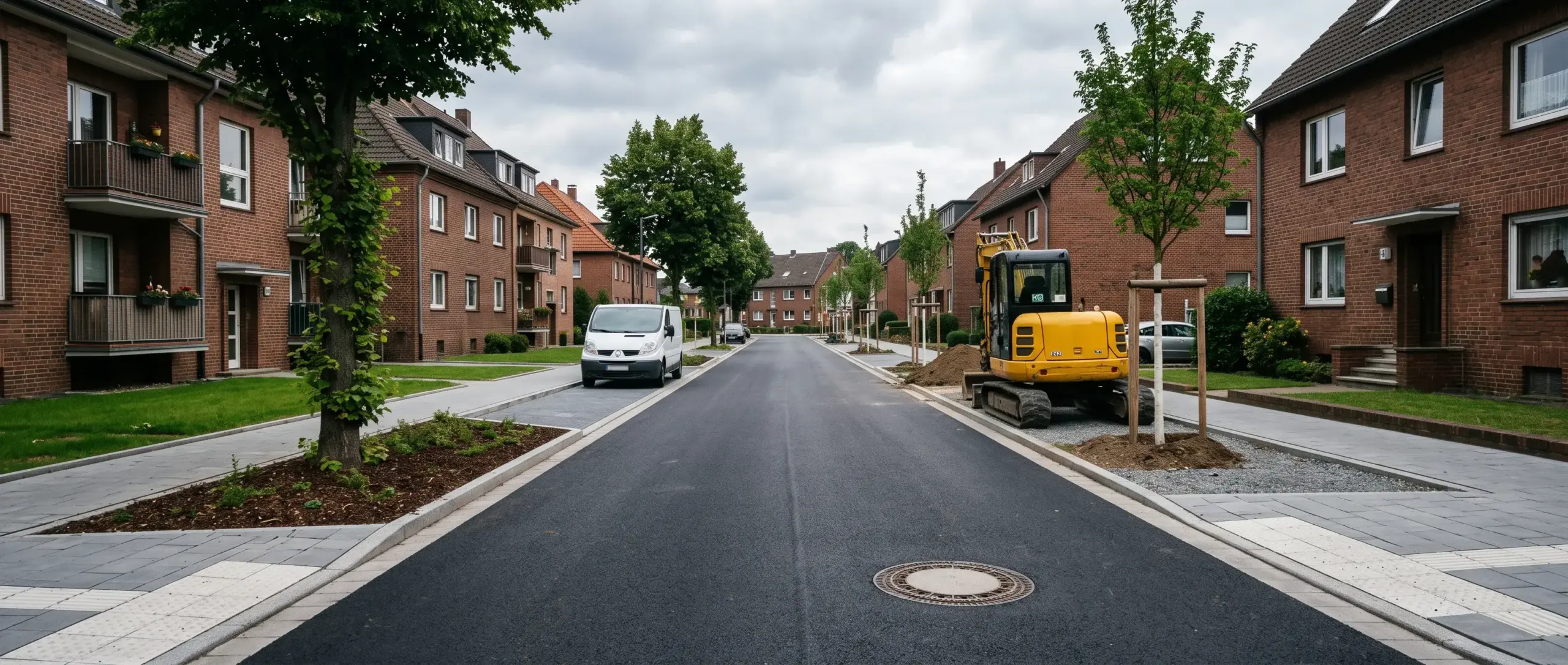 Widescreen cinematic view of a newly finished road construction project in Bochum, Germany, showing new asphalt, pipeline access points, and integrated landscaping with generic machinery in the background.