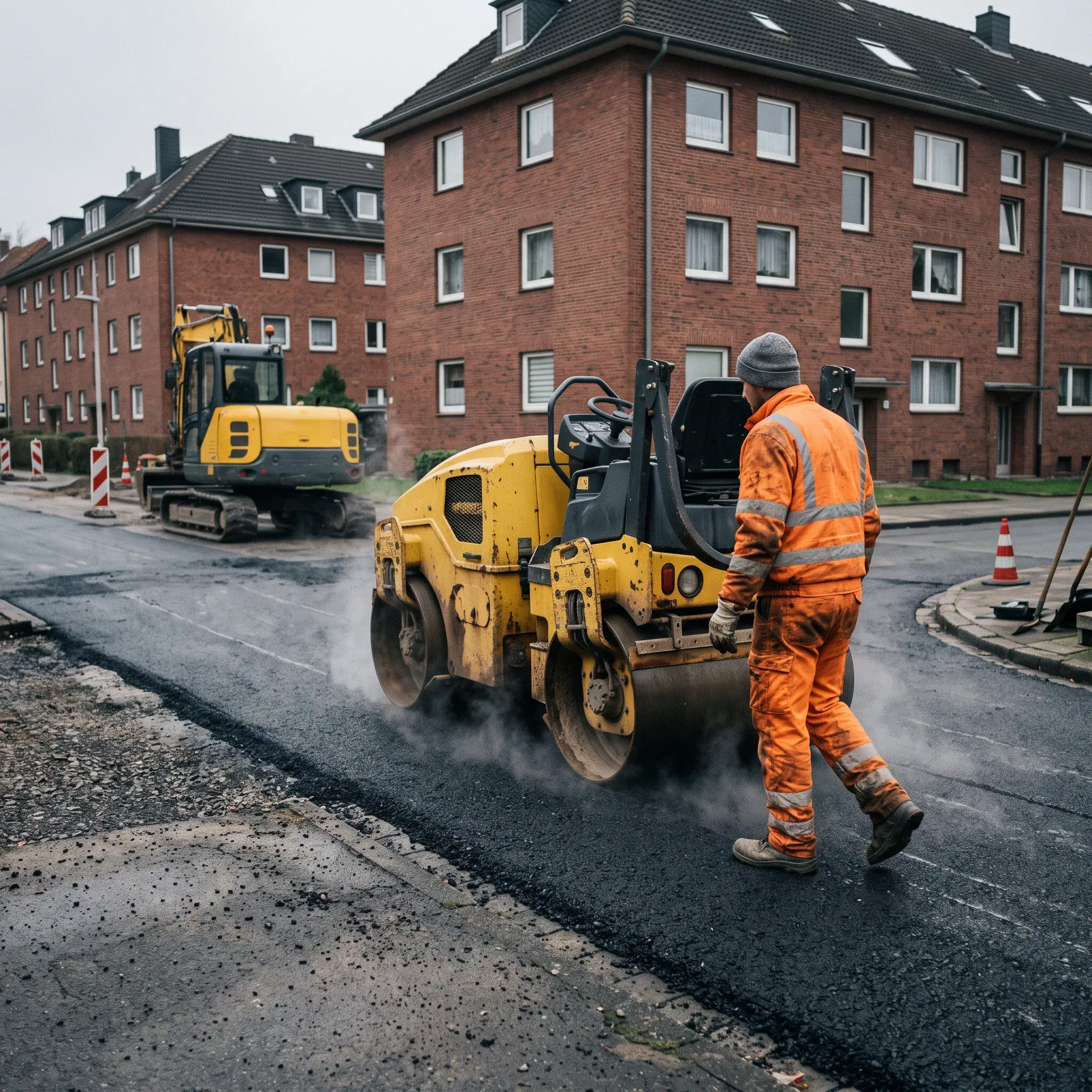 Eine gelbe Straßenwalze verdichtet frischen, dampfenden Asphalt auf einer städtischen Straße in Bochum.