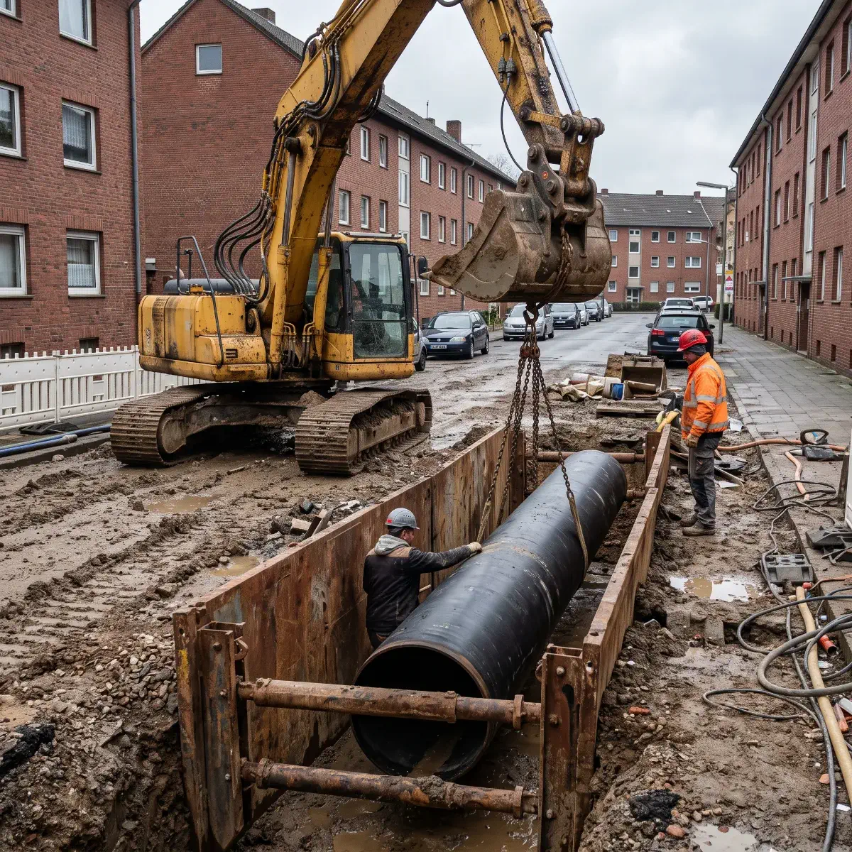 Ein unmarkierter gelber Bagger hebt ein großes schwarzes Rohr in einen gesicherten Leitungsgraben auf einer städtischen Baustelle in Bochum.