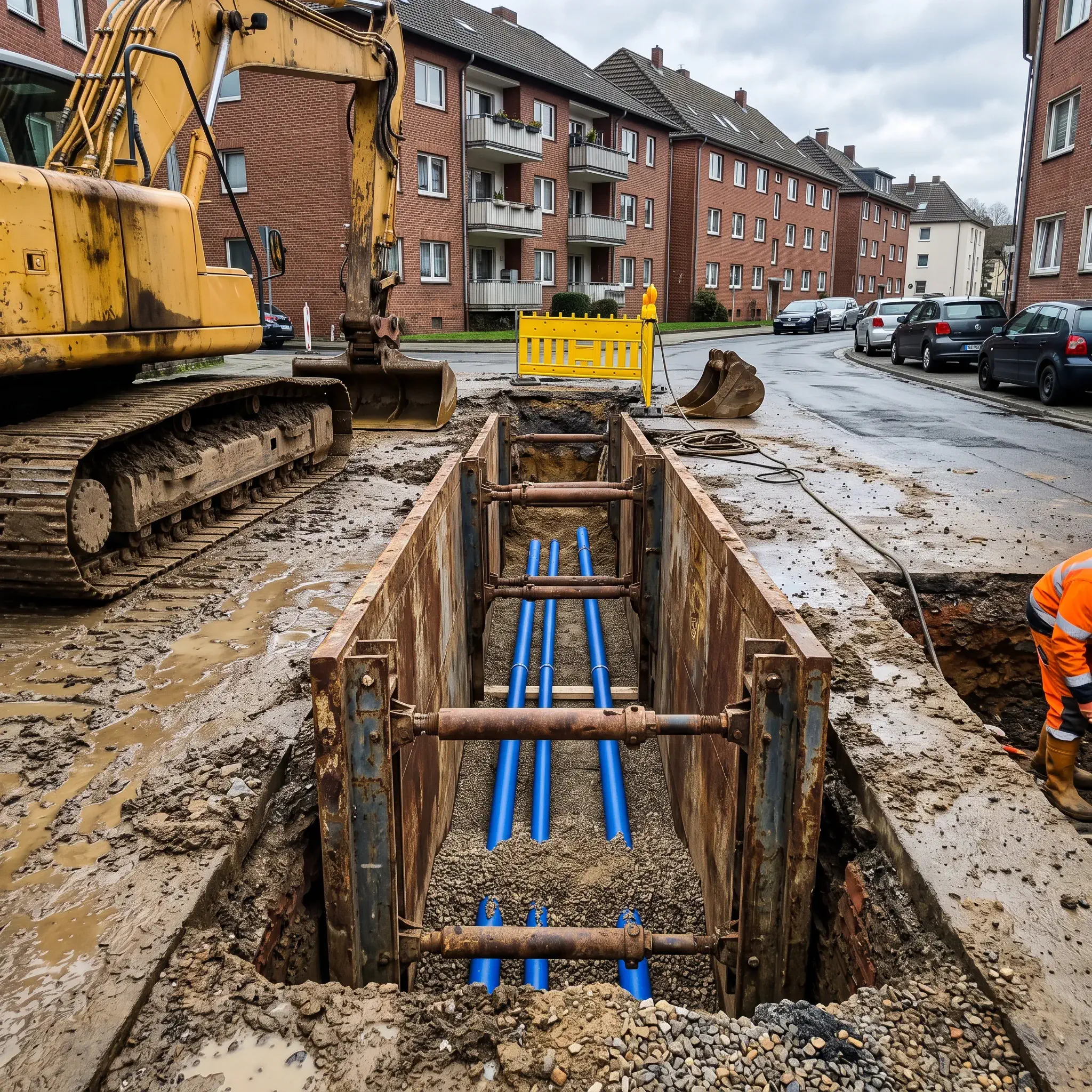 Ein gesicherter Leitungsgraben mit neuen blauen Rohren auf einer städtischen Baustelle in Bochum, mit einem gelben Bagger im Hintergrund.